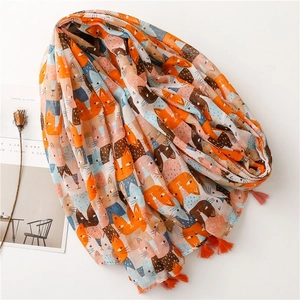 Sciarpa chic in cotone e lino con simpatici motivi a gatto e nappe arancioni eleganti