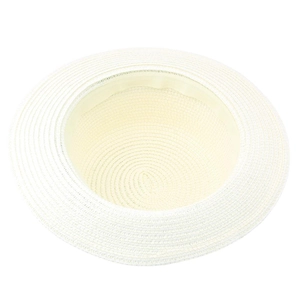Detailed interior view of a flat-top straw boater hat featuring woven texture and sweatband