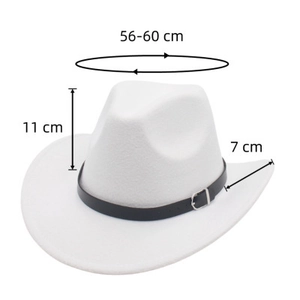 White felt cowboy hat with belt buckle detail showing measurements 56-60cm head size