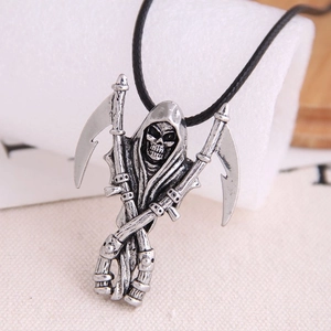 Men's retro skull and double scythe reaper pendant necklace with black cord