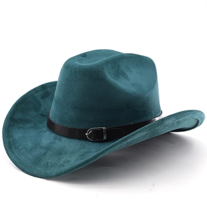 Dunkelblauer Cowboyhut aus Filz mit schwarzem Lederband und Metallschnalle auf weißem Hintergrund