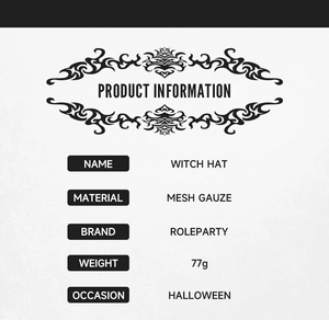 Detailed product specification table for a black mesh gauze baroque witch hat