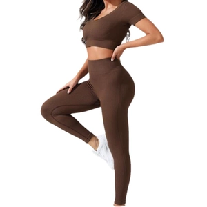 Seamless rib-knit yoga set with V-neck short sleeve crop top and high waist leggings