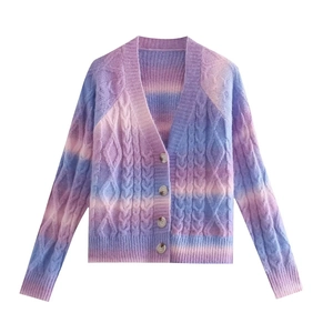 Women's Tie-Dye Gradient Cardigan Sweater V-Neck Cable Knit Long Sleeve Button Front Loose Polyester Knitwear Top