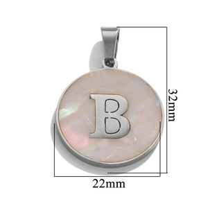 Detail of round shell letter B pendant in stainless steel with 32mm by 22mm measurements
