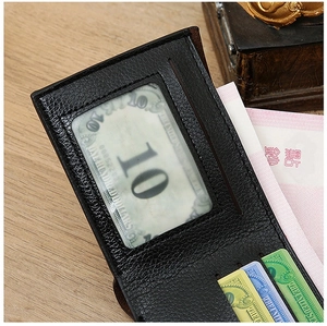 Interior view of men's bifold wallet showing multiple card slots and clear ID window