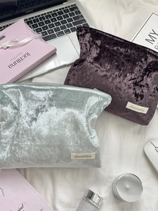 Crushed velvet large cosmetic bags in blue and purple, stylish travel storage pouches