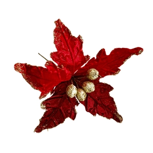 Fleur de Noël en velours rouge avec bordures dorées et baies pour décor de sapin