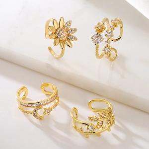 Elegant Copper Adjustable Open Ring Zircon Geometric Sunflower Star Moon Gold Plated INS Style Women Jewelry