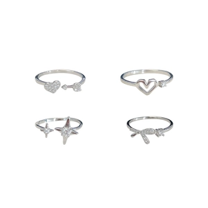 S925 silver open rings featuring crystal hearts, stars, and ribbon bows set with zircon