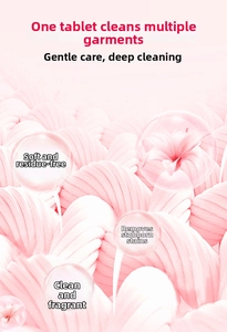 Macro shot of 5D laundry pods deep cleaning power and floral scent on pink fabric