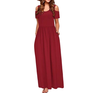 Elegant red off-shoulder maxi dress with cold-shoulder short sleeves and high waist