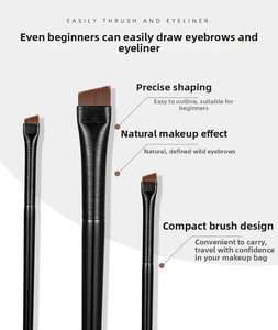 Detailed close-up of three professional angled eyeliner and eyebrow makeup brushes