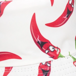 White bucket hat with cartoon chili print featuring detailed double stitching on brim