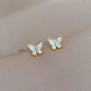 Minimalist gold titanium steel butterfly studs with white pearlescent inlay for women