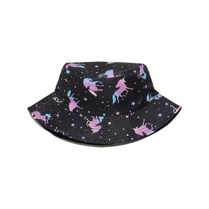 Unisex black bucket hat featuring colorful unicorn, stars, and nebula galaxy print patterns