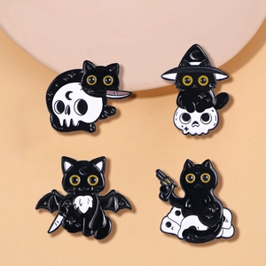 Halloween Black Cat Skull Enamel Brooch Pin Alloy Cartoon Gothic Cute Animal Lapel Badge For Backpack Hat Clothes