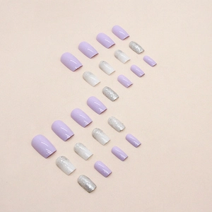 Short square press-on nails in taro purple and silver glitter gradient for women