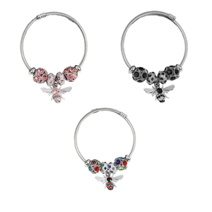 Three bee charms stainless steel cable bracelets with pink and black crystal beads set