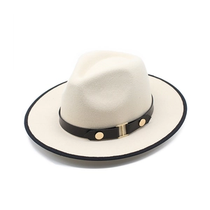 Classic beige fedora felt hat with black piped brim and buckled leather band
