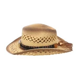 Breathable straw cowboy hat with hollow vents and ethnic band for beach sun protection