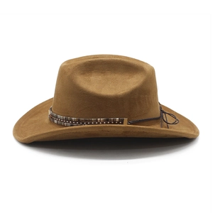 Chapeau de cowboy western en daim marron avec bandeau en cuir à rivets pour homme et femme