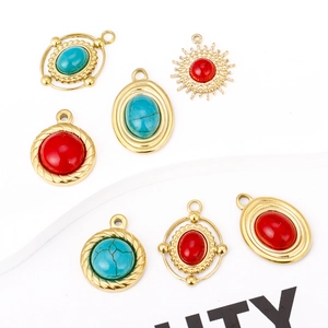 18K gold plated stainless steel sun pendants with turquoise and coral stone inlays