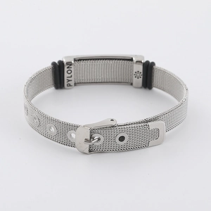 Polished silver stainless steel mesh bracelet with adjustable belt buckle fastener