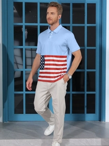 Men's light blue polo shirt featuring a prominent USA flag print on a piqué knit fabric