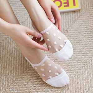 Sheer white ankle socks with pink polka dots and transparent crystal mesh details