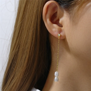 Close-up of s925 silver long tassel earrings with pearls on model showing elegant drape