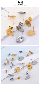 Detail of hammered texture water-drop stud earrings in gold and silver plating