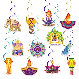 Traditional Indian Diwali Festival Hanging Swirl Decorations Paper Elephant Ganesha Peacock Mandala Pattern Party Ceiling Decor