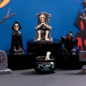 Halloween resin miniature set with skeleton, reaper, ghost, and glow-in-the-dark jar décor