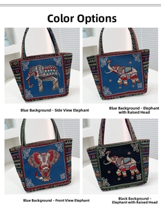 Detailed views of ethnic tote bags with bohemian elephant embroidery in blue and black