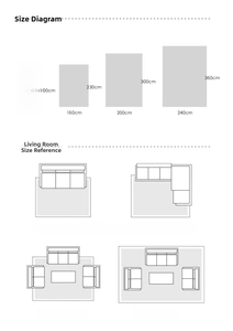 Size guide for vintage rugs showing four standard dimensions and sofa layout options
