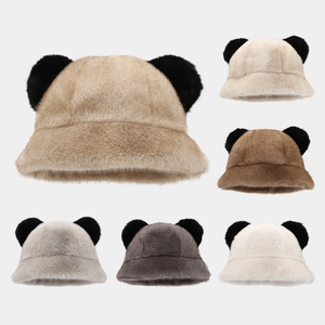 Faux Mink Fur Bucket Hat With Cute Animal Bear Ears Winter Warm Plush Padded Outdoor Basin Cap For Women Men