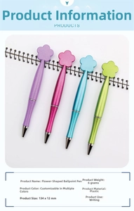 Détail de stylos à bille fleur en violet, rose, cyan et vert avec des reflets pailletés
