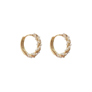 Elegant C-shaped baroque pearl hoop earrings with gold-tone twisted wire wrapping design