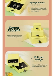 Detail view of yellow jewelry drawer boxes with black sponge inserts and ribbon pulls