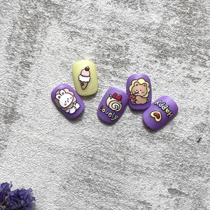 Kawaii 5D embossed nail stickers featuring cartoon bears, rabbits and matte purple finish