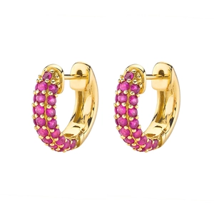 Luxurious gold-plated hoop earrings featuring double rows of vibrant pink zircons