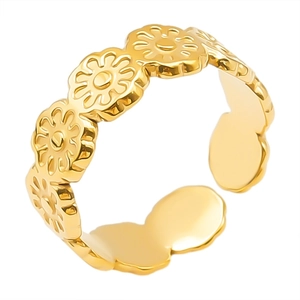 Golden 304 stainless steel open ring with continuous floral geometric patterns