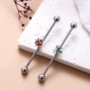 Stainless steel industrial barbell earrings with red crown and green leaf zircon accents