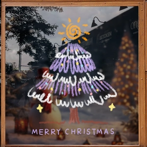 Purple and white Christmas tree window sticker with Merry Christmas greeting on glass