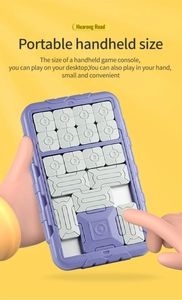 Handheld size magnetic sliding puzzle game with purple casing and 3D ergonomic grip detail