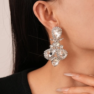 Luxury silver petal drop earrings with sparkling white crystals for party wear