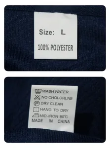 Detail of navy polo shirt care label showing 100% polyester fabric and size L