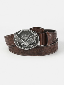 Detailed close-up of dark brown leather belt with floral embossing and eagle buckle