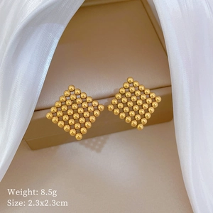 Detailed shot of golden square bead stud earrings with size and weight specifications